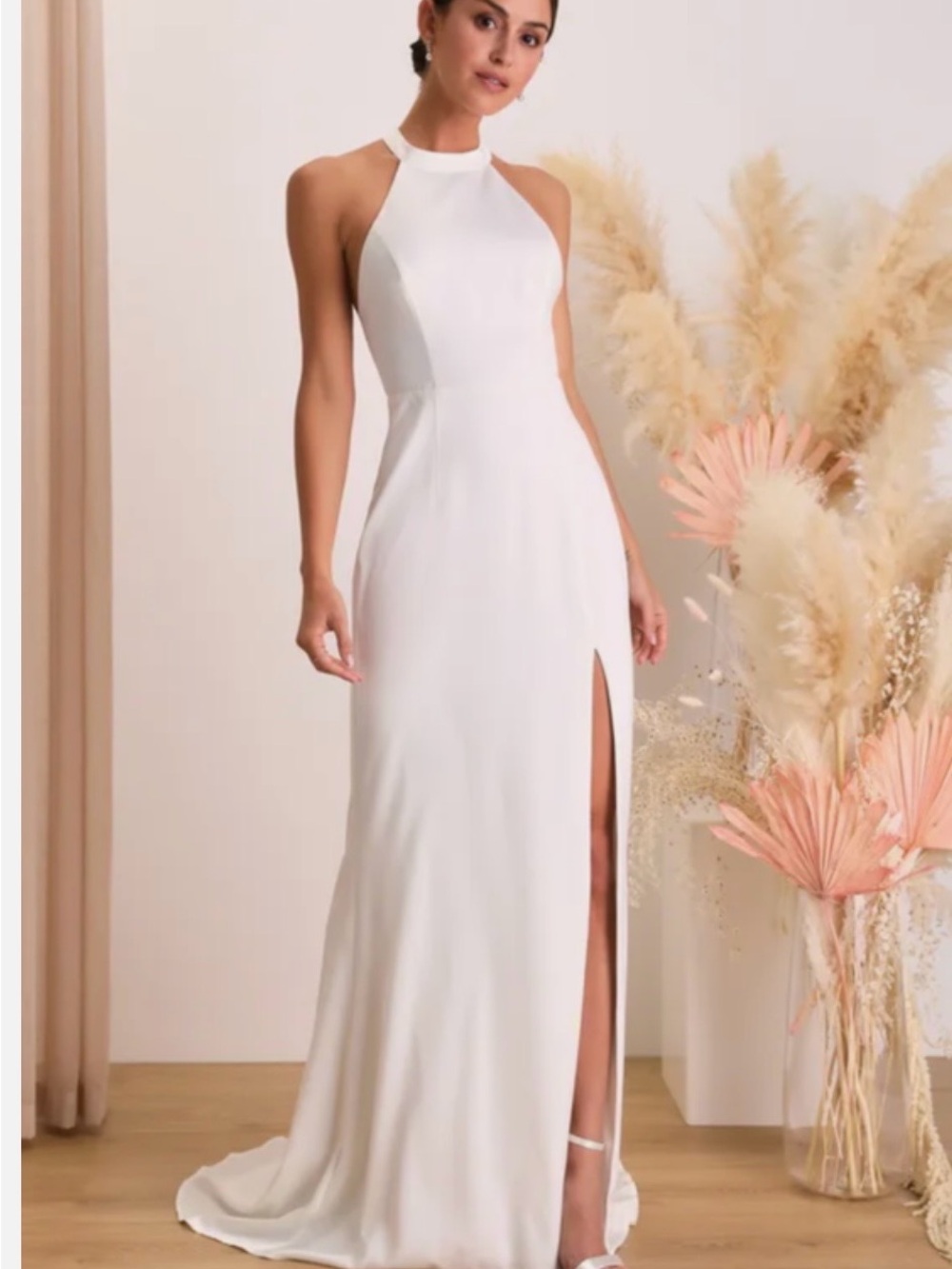 Lulu's White Halter Neck Wedding Dress with Side Slit